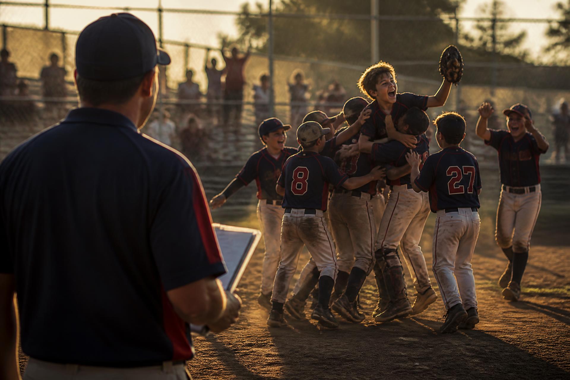 A youth baseball team celebrating on the field at golden hour